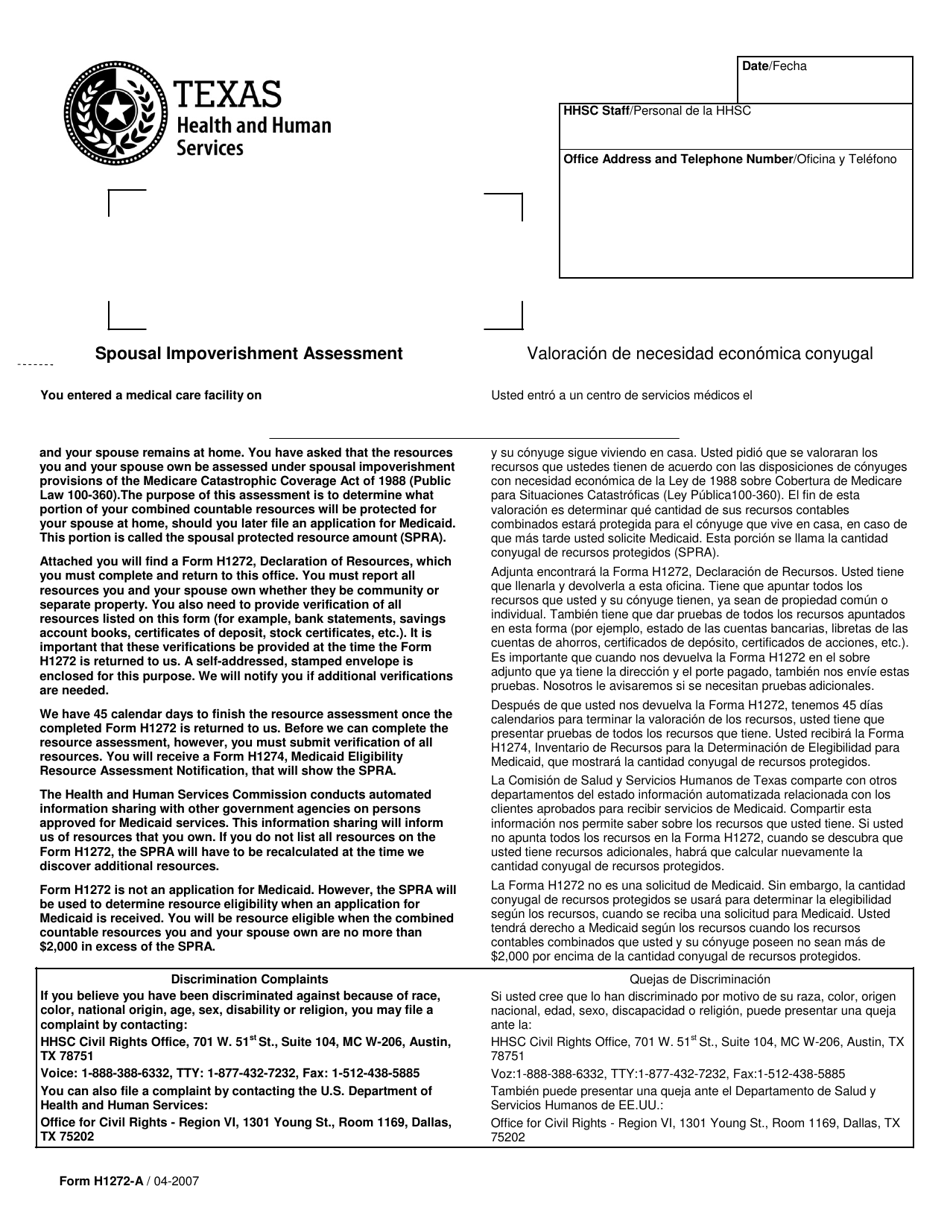 Form H1272-A Spousal Impoverishment Assessment Letter - Texas (English / Spanish), Page 1