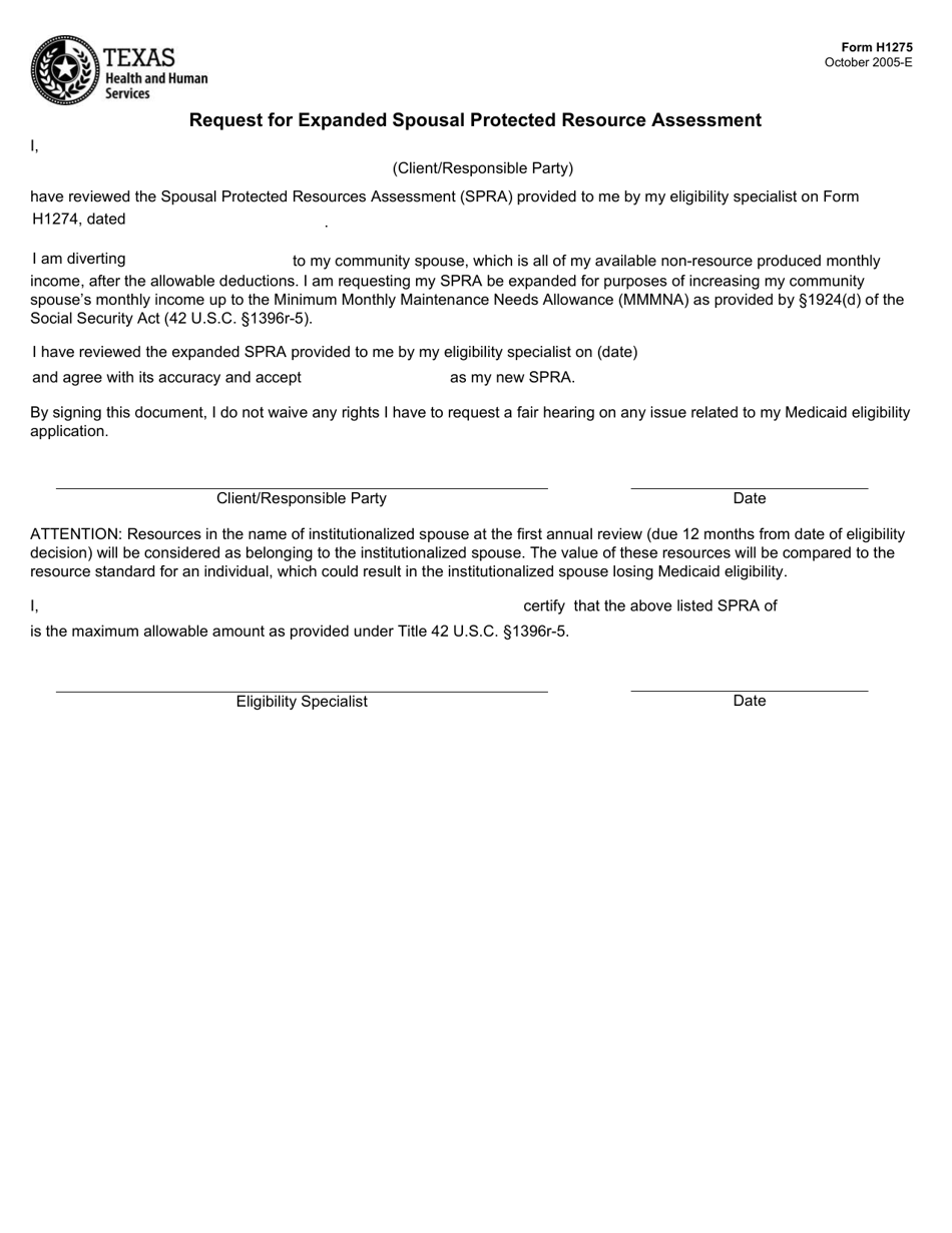 Form H1275 Request for Expanded Spousal Protected Resource Assessment - Texas, Page 1