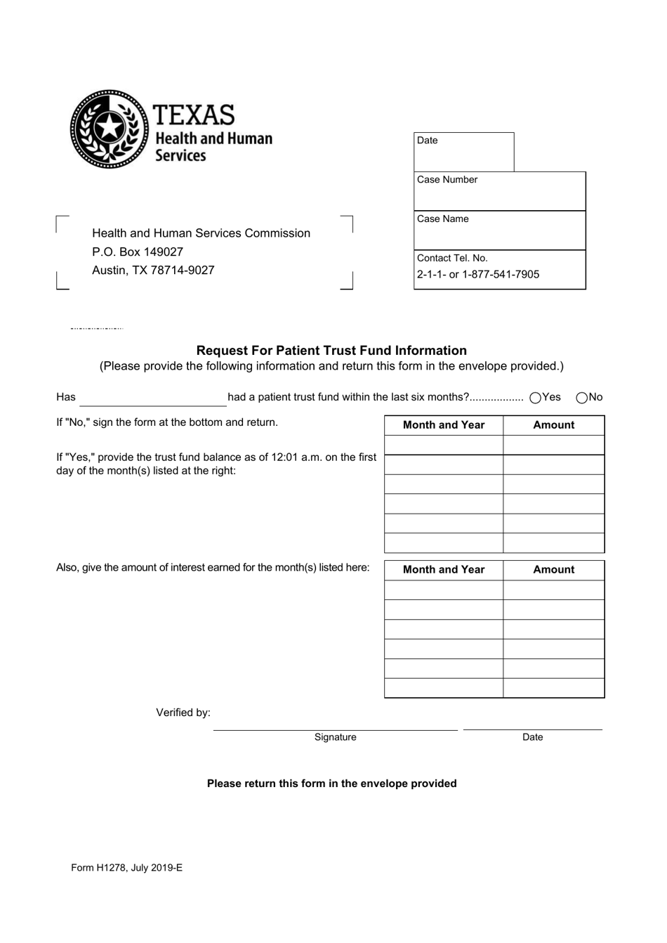 Form H1278 Request for Patient Trust Fund Information - Texas, Page 1