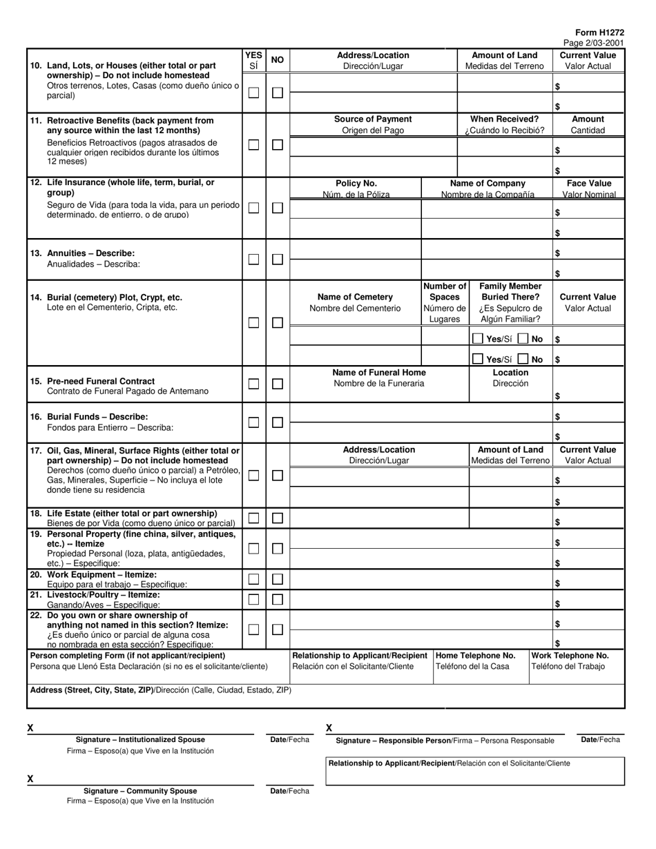 Form H1272 Declaration of Resources - Texas (English / Spanish), Page 2