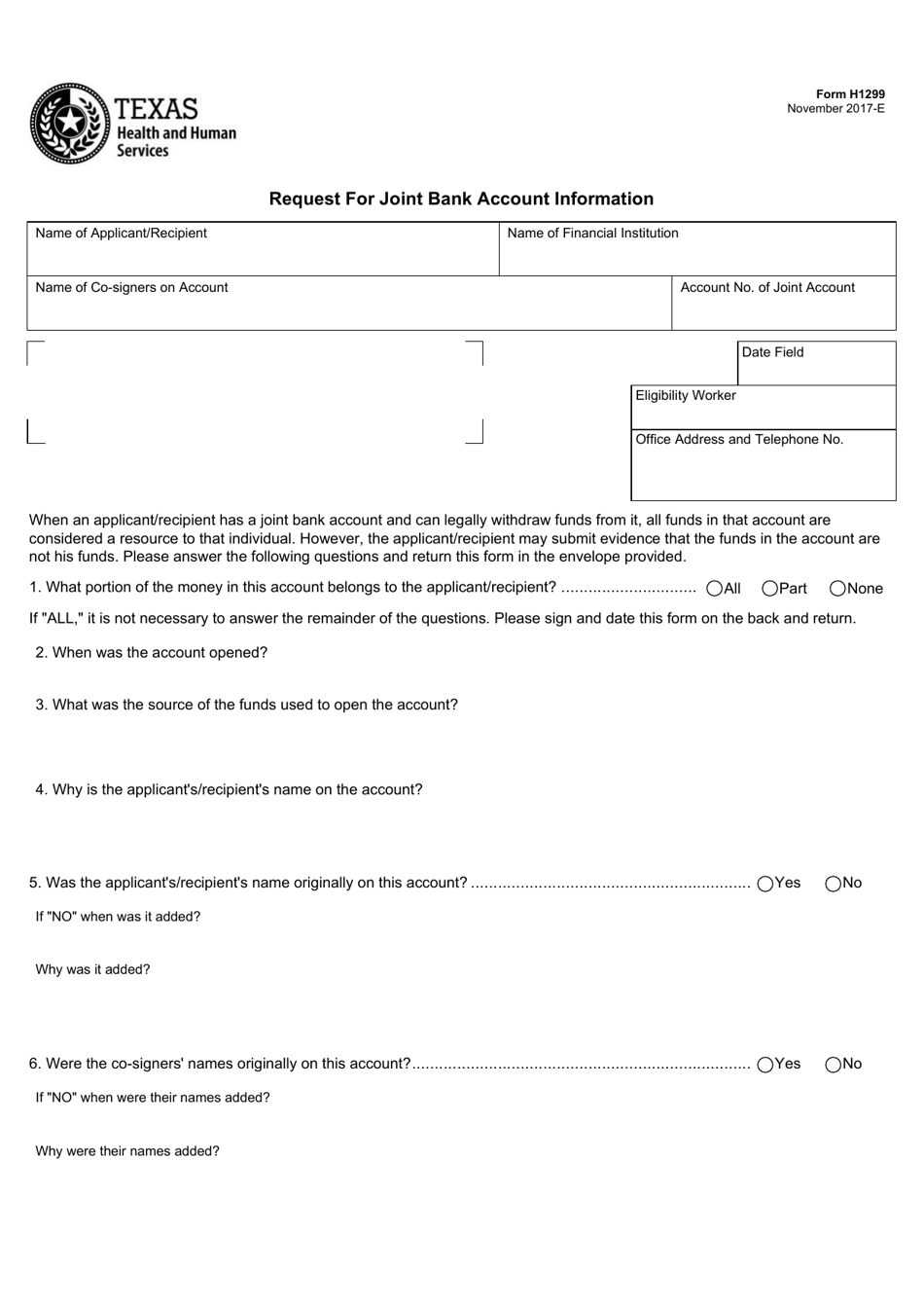 Form H1299 Request for Joint Bank Account Information - Texas, Page 1