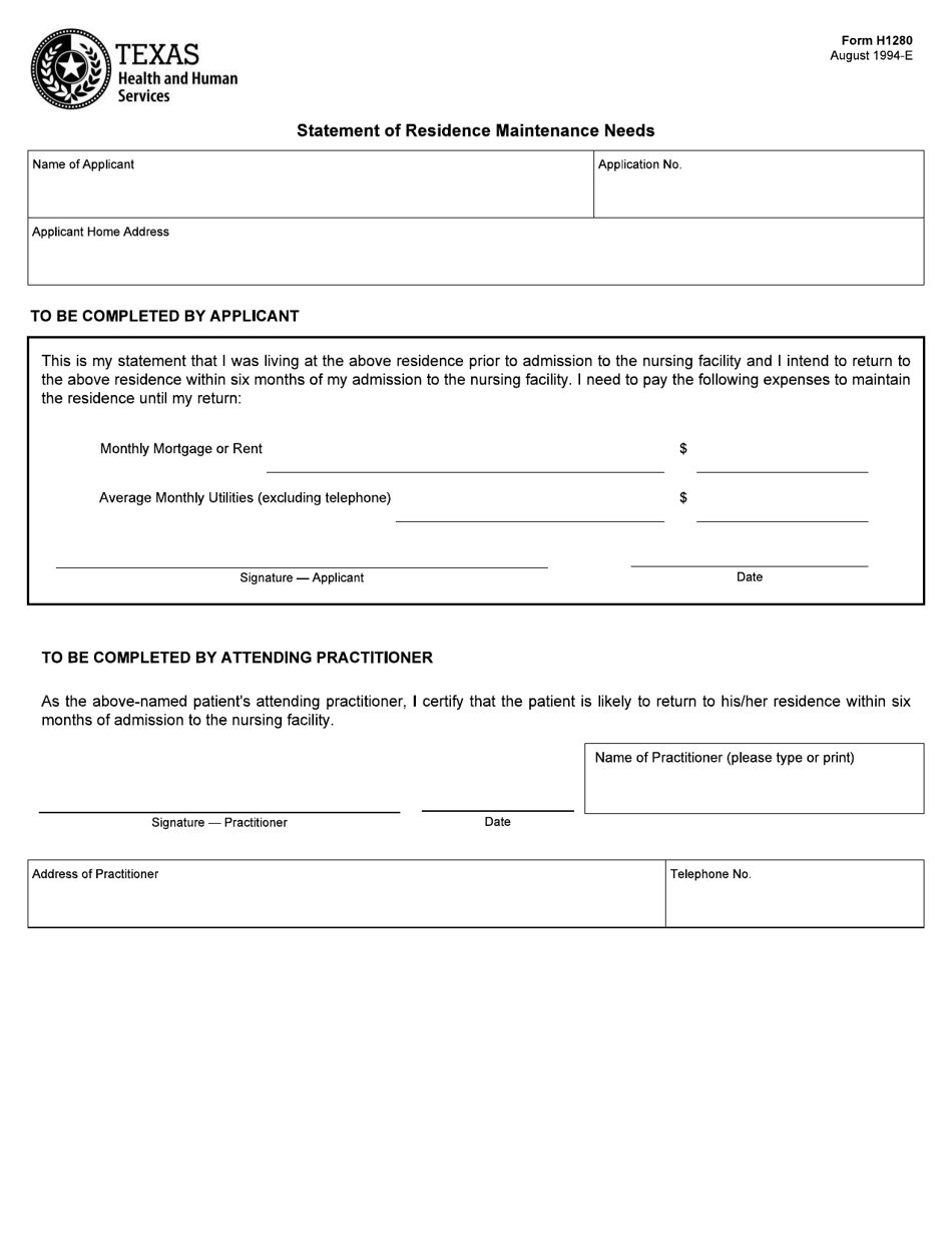 Form H1280 Statement of Residence Maintenance Needs - Texas, Page 1