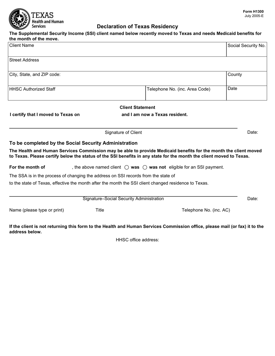 Form H1300 Declaration of Texas Residency - Texas, Page 1