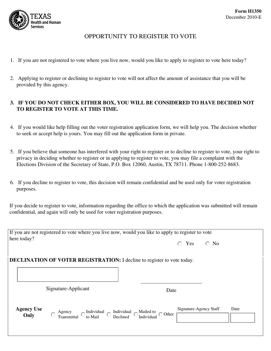 Form H1350 Opportunity to Register to Vote - Texas, Page 1