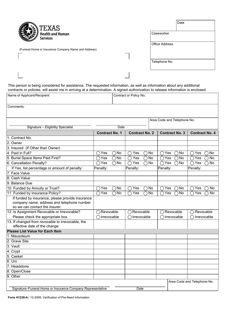 Form H1238-A Verification of Pre-need Information - Texas, Page 1