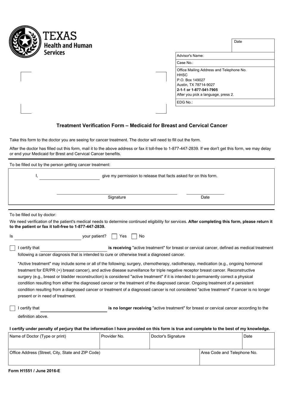 Form H1551 Download Fillable PDF or Fill Online Treatment Verification