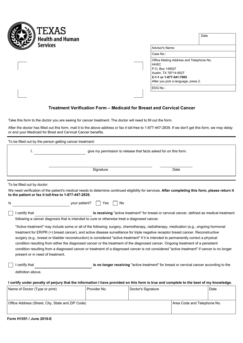 Form H1551 Treatment Verification Form - Medicaid for Breast and Cervical Cancer - Texas, Page 1