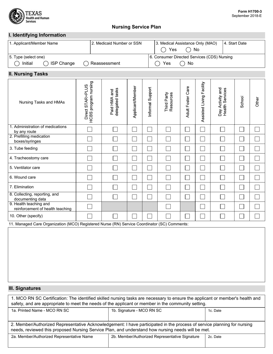 Form H1700-3 Nursing Service Plan - Texas, Page 1