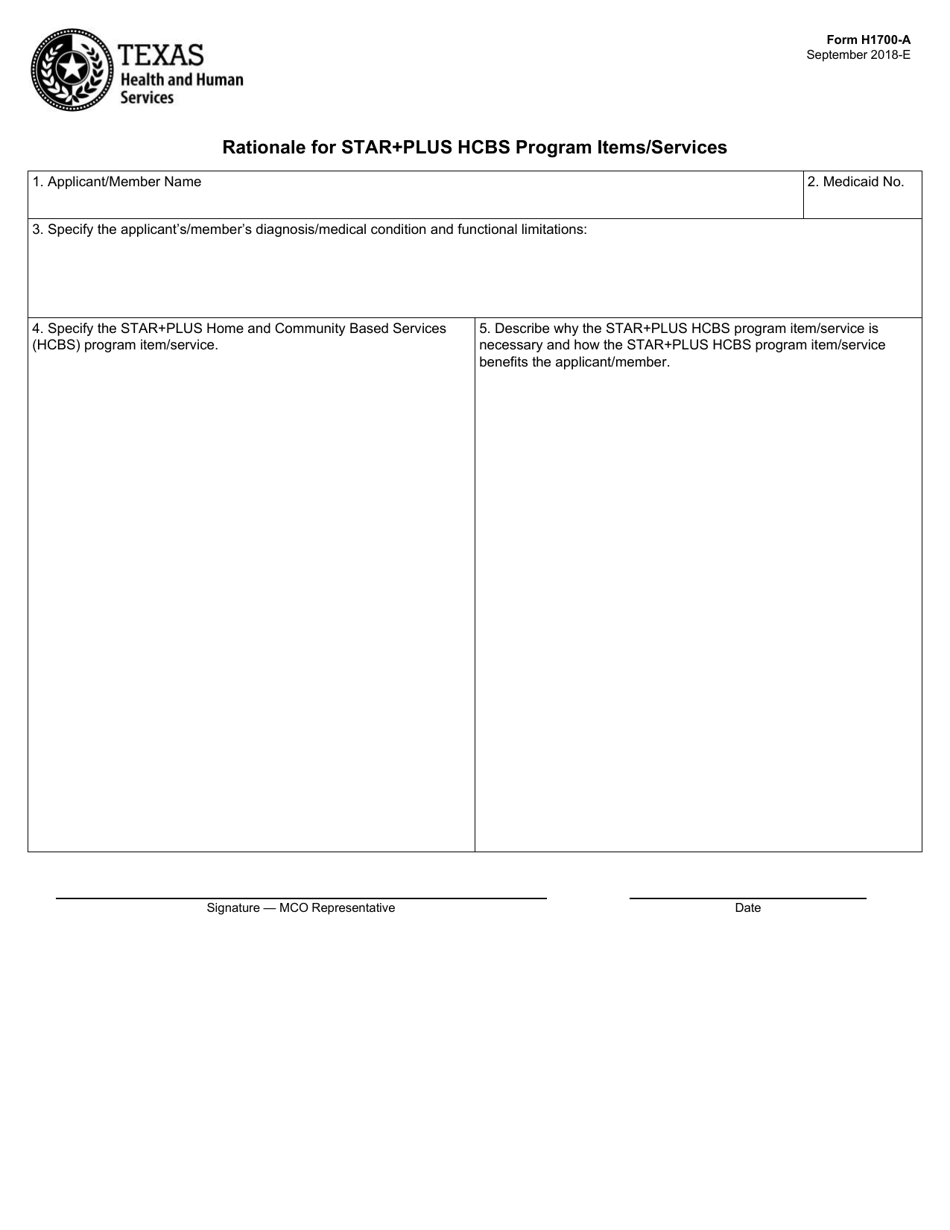 Form H1700-A Rationale for Star+plus Hcbs Program Items / Services - Texas, Page 1