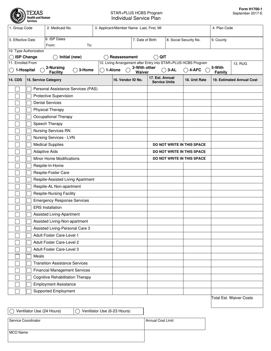 Form H1700-1 Individual Service Plan - Texas, Page 1