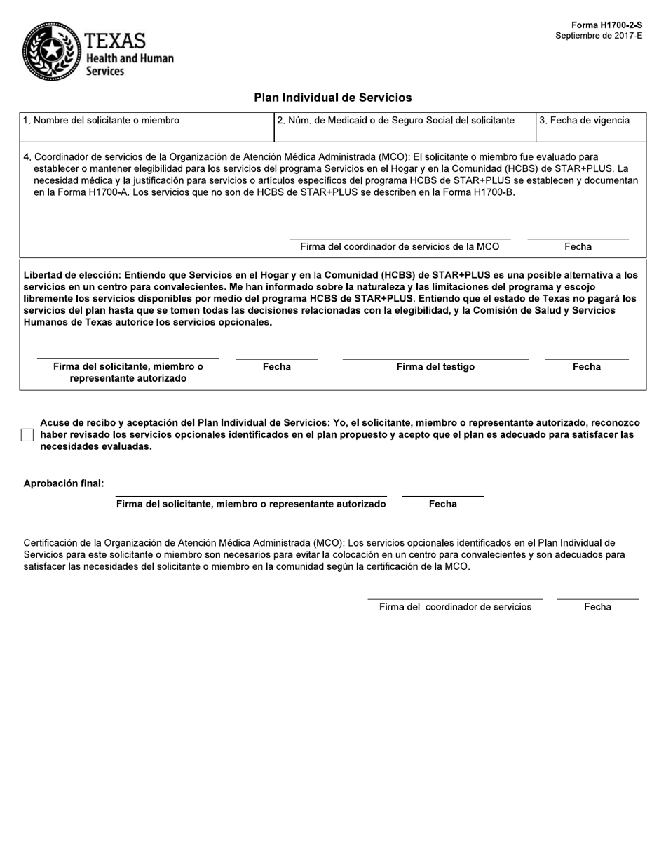 Formulario H1700-2-S Plan Individual De Servicios - Texas (Spanish), Page 1