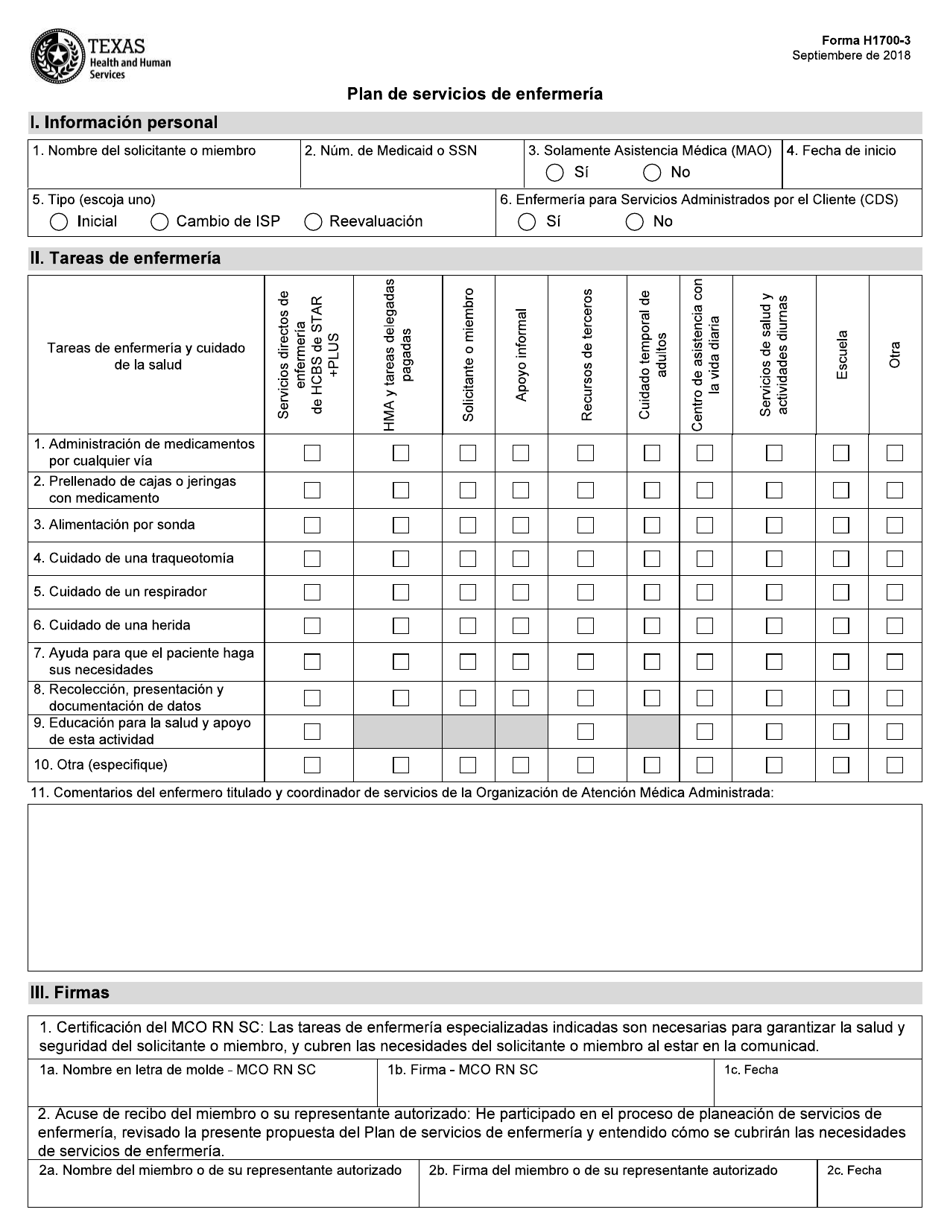 Formulario H1700-3 Plan De Servicios De Enfermeria - Texas (Spanish), Page 1