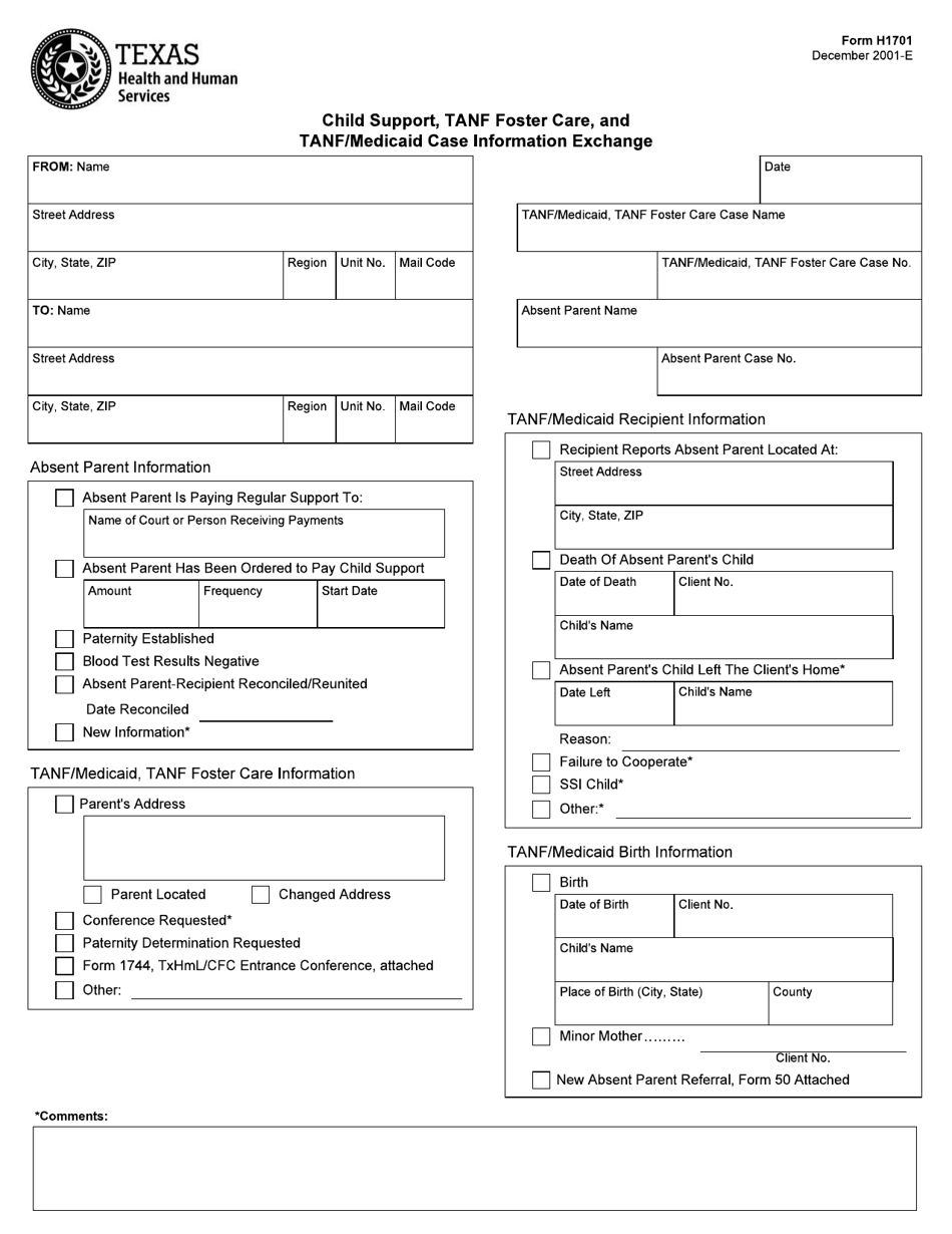 Form H1701 Child Support, TANF Foster Care and TANF / Medicaid Case Information Exchange - Texas, Page 1