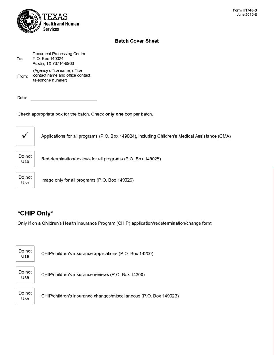 Form H1746-B Batch Cover Sheet - Texas, Page 1