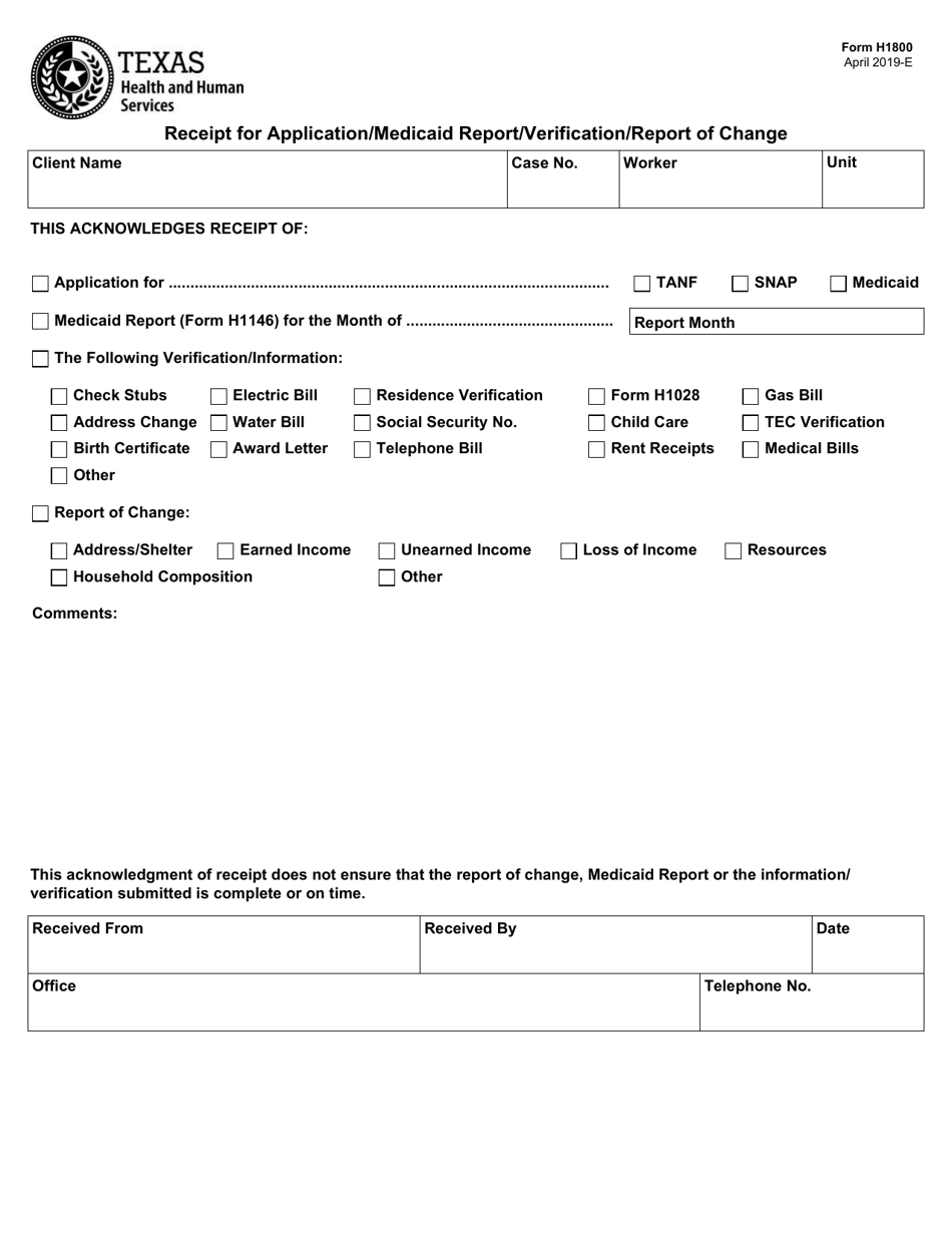 Form H1800 Receipt for Application / Medicaid Report / Verification / Report of Change - Texas, Page 1