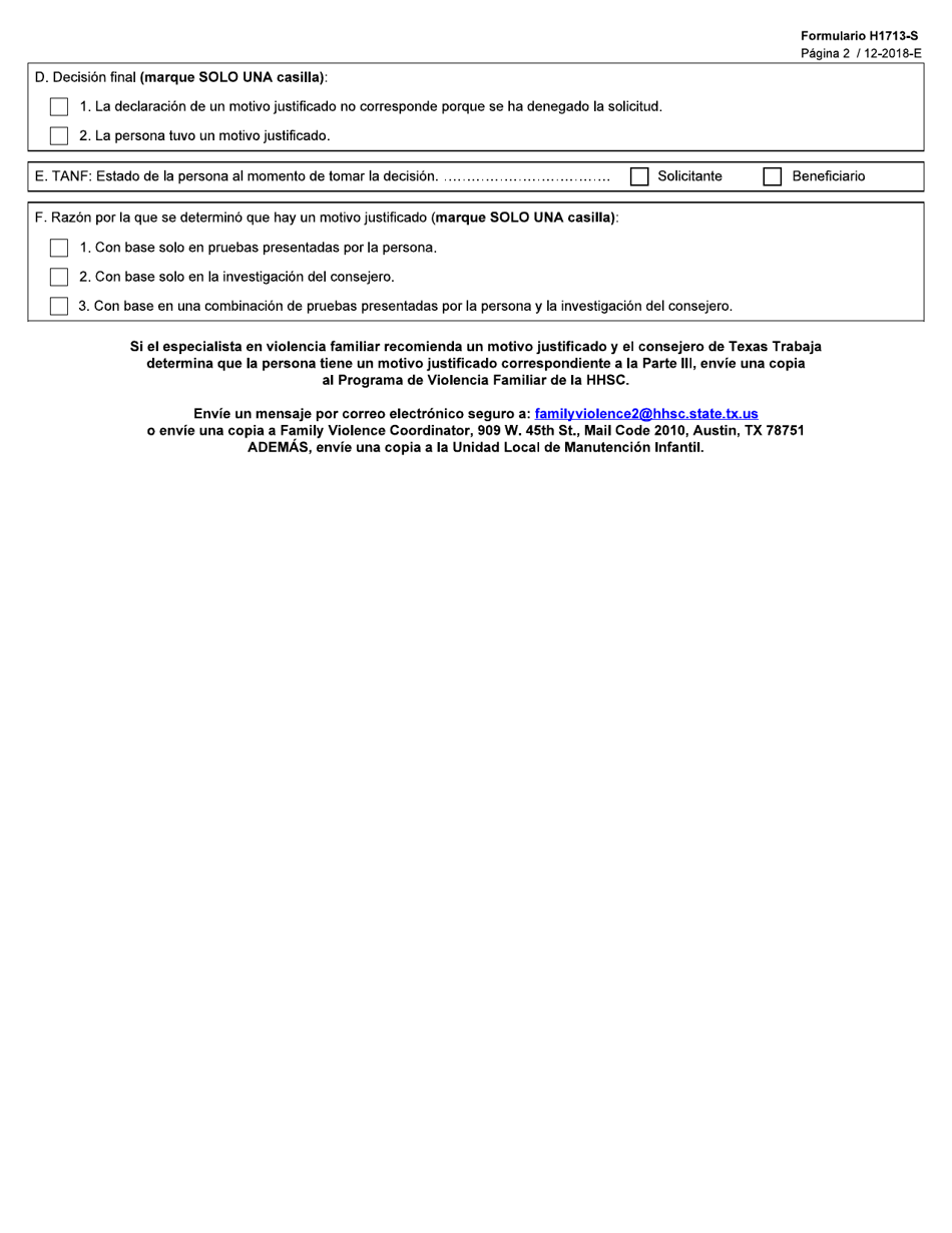 Formulario H1713-S Opcion De Un Plan De Servicios Contra La Violencia Familiar E Informe Sobre Un Motivo Justificado - Texas (Spanish), Page 2