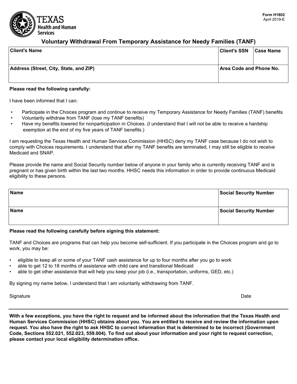 Form H1802 Voluntary Withdrawal From Temporary Assistance for Needy Families (TANF) - Texas, Page 1