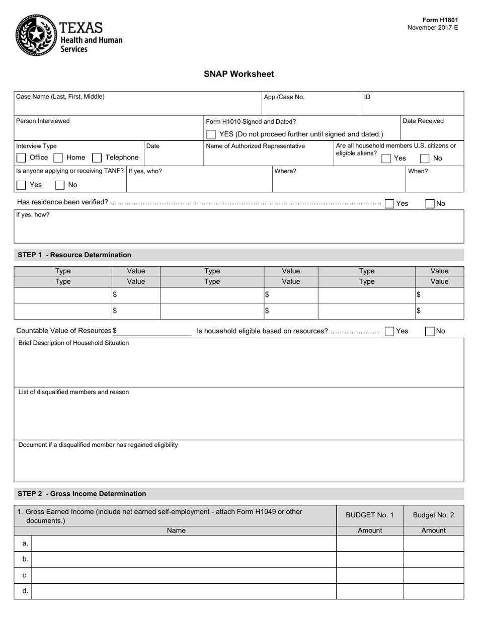 Form H1801 Snap Worksheet - Texas, Page 1