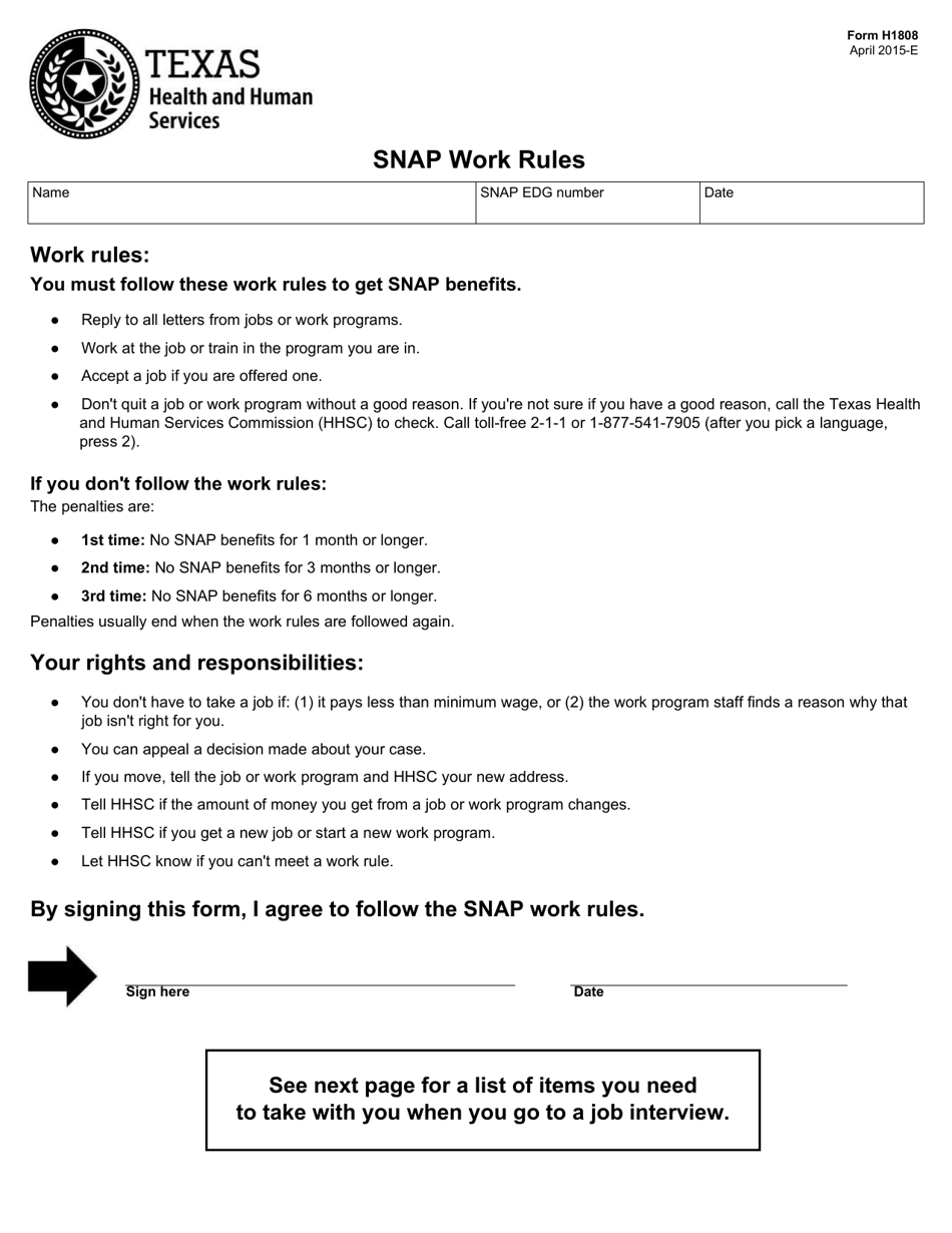 Form H1808 Snap Work Rules - Texas, Page 1