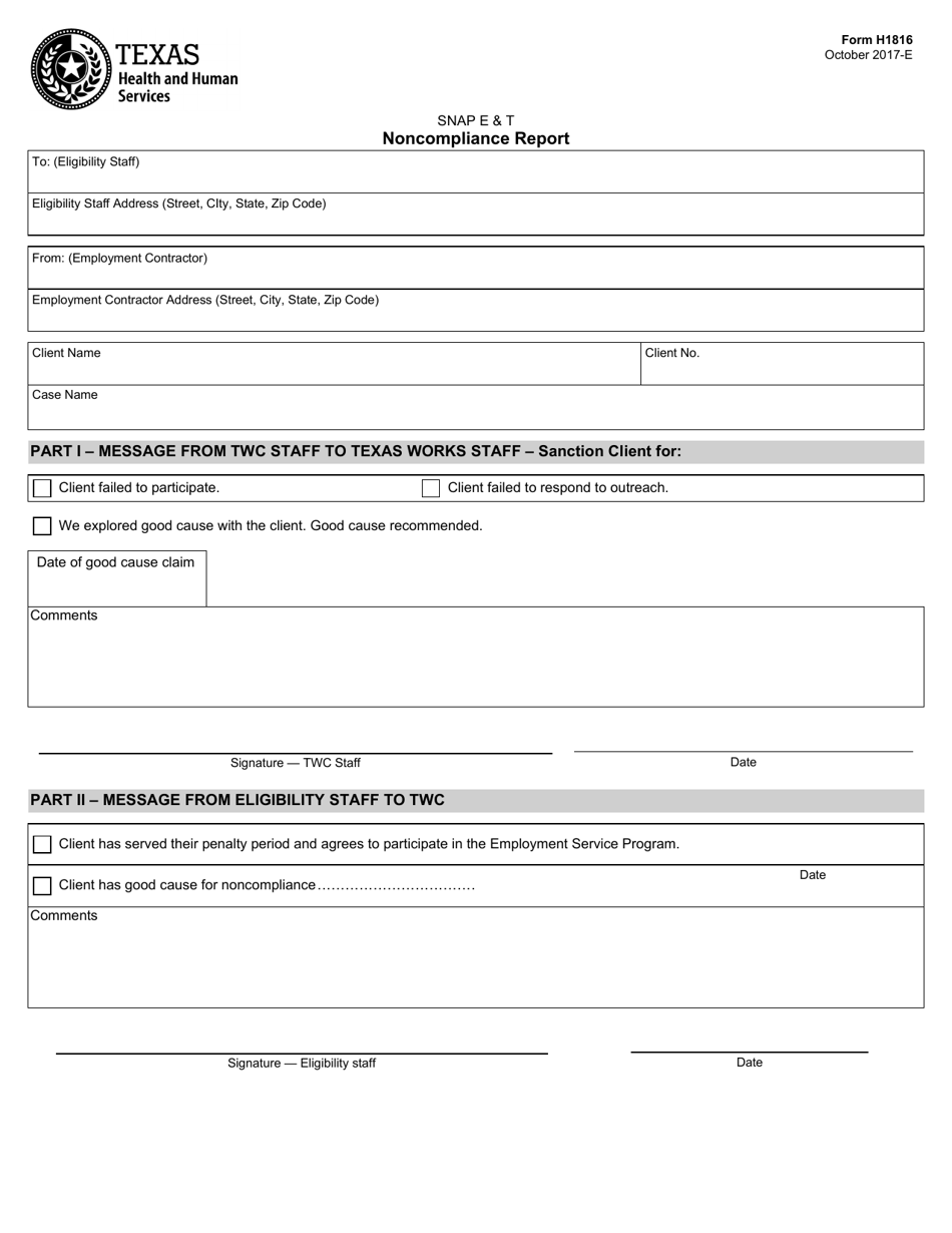 Form H1816 Snap Et Noncompliance Report - Texas, Page 1