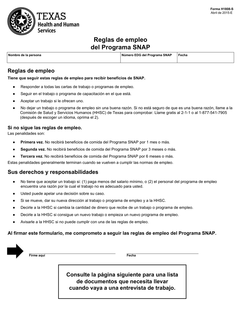 Formulario H1808-S Reglas De Empleo Del Programa Snap - Texas (Spanish), Page 1