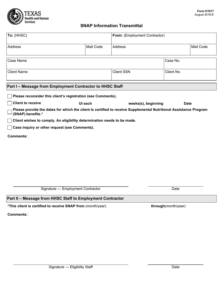 Form H1817 Snap Information Transmittal - Texas, Page 1