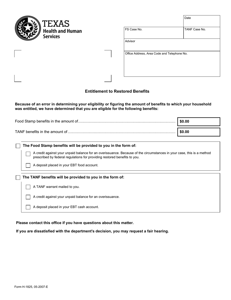 Form H-1825 Entitlement to Restored Benefits - Texas, Page 1