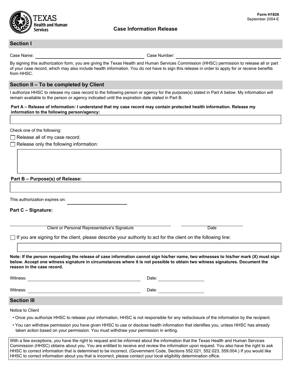 Form H1826 Case Information Release - Texas, Page 1
