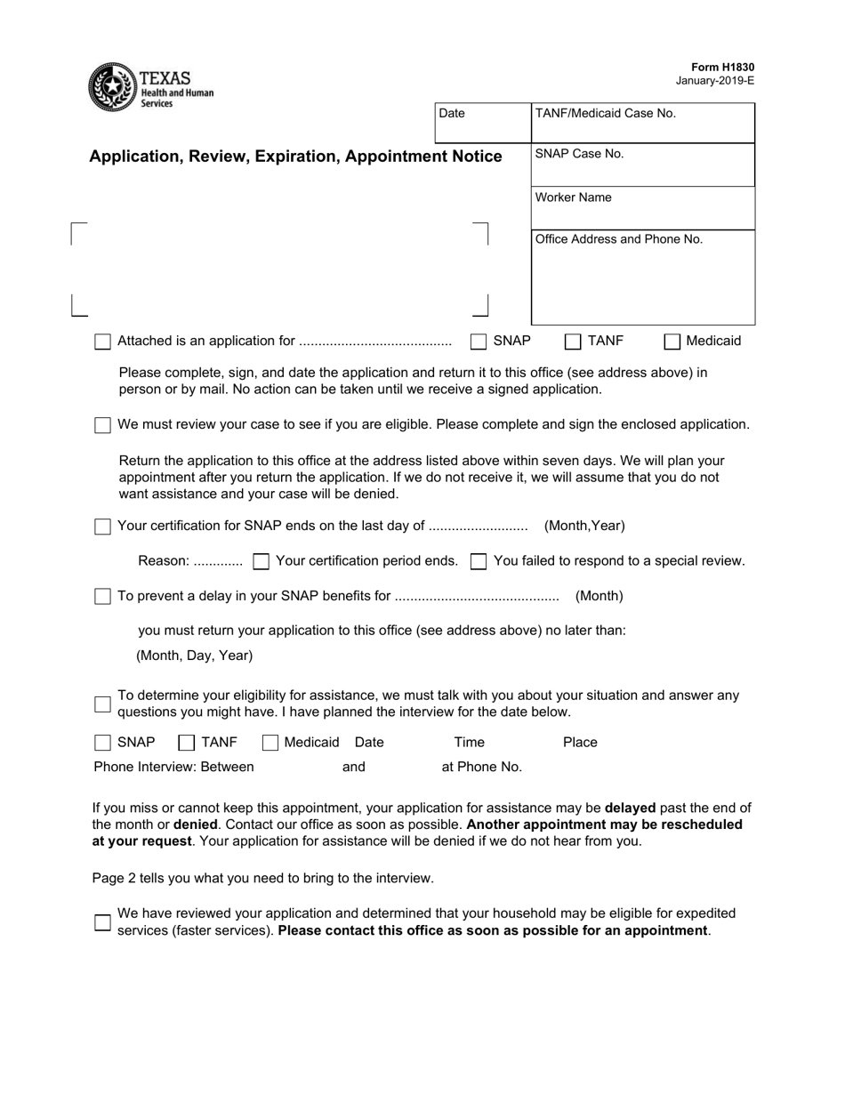 Form H1830 Application, Review, Expiration, Appointment Notice - Texas, Page 1