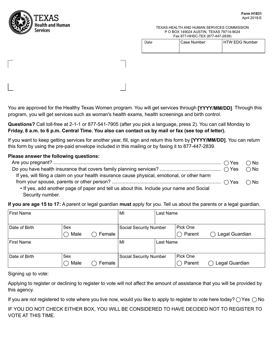 Form H1831 Adjunctive Eligibility Letter - Texas, Page 1