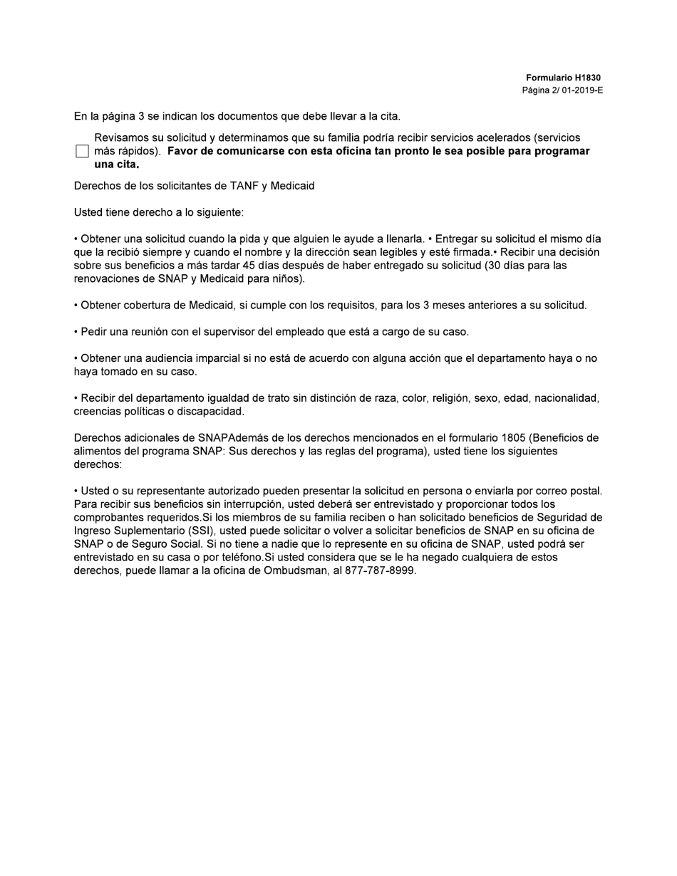 Formulario H1830 Aviso De Solicitud, Revision, Vencimiento O Cita - Texas (Spanish), Page 2