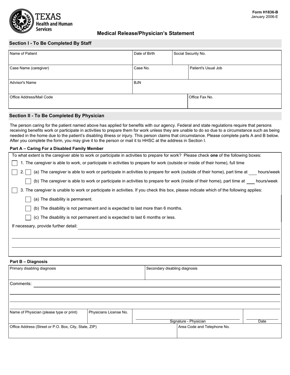 Form H1836-B Medical Release / Physicians Statement - Texas, Page 1