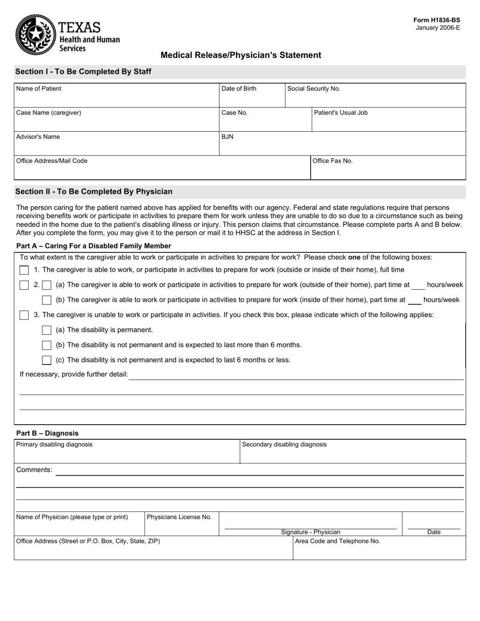 Form H1836-BS Medical Release / Physicians Statement - Texas (English / Spanish), Page 1