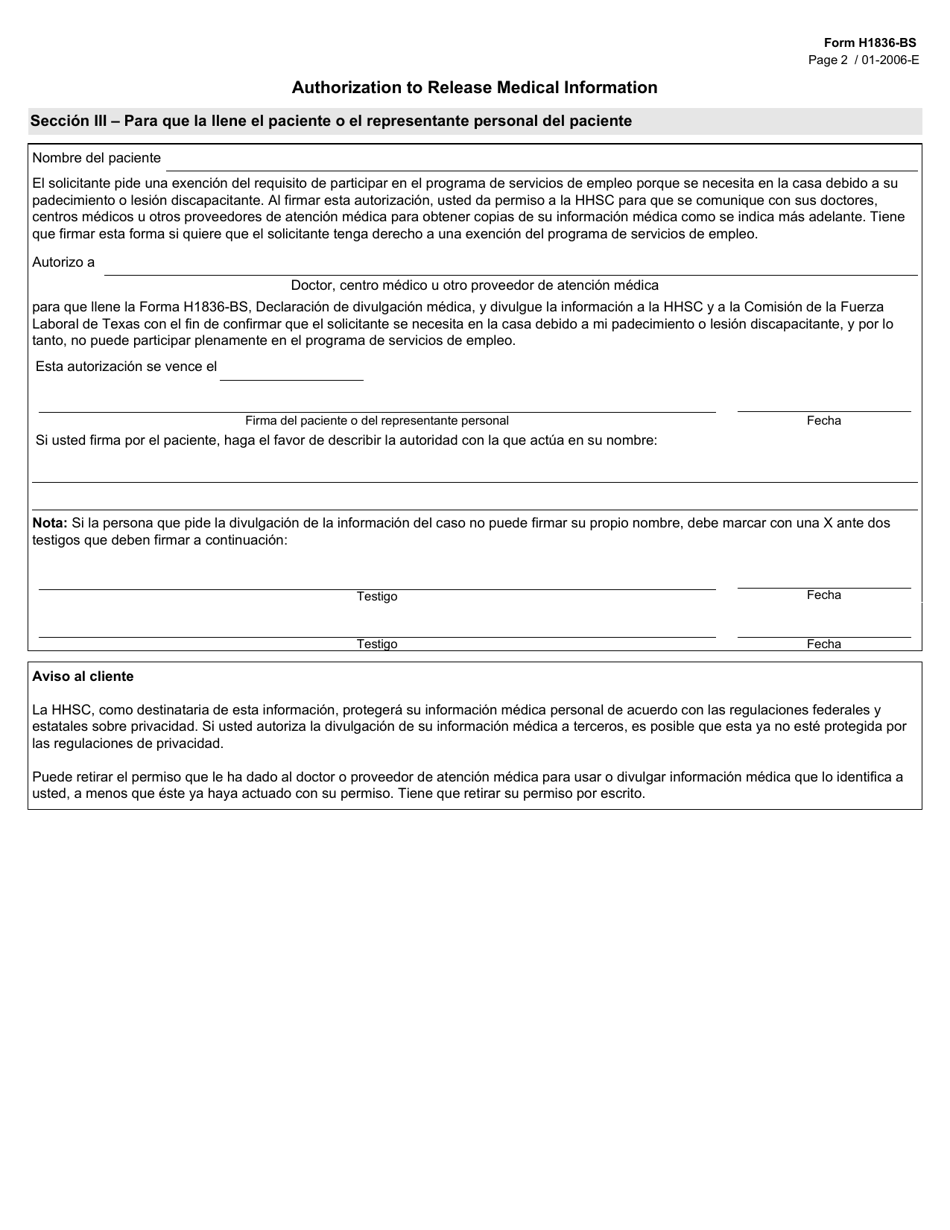 Form H1836-BS - Fill Out, Sign Online And Download Fillable PDF, Texas ...