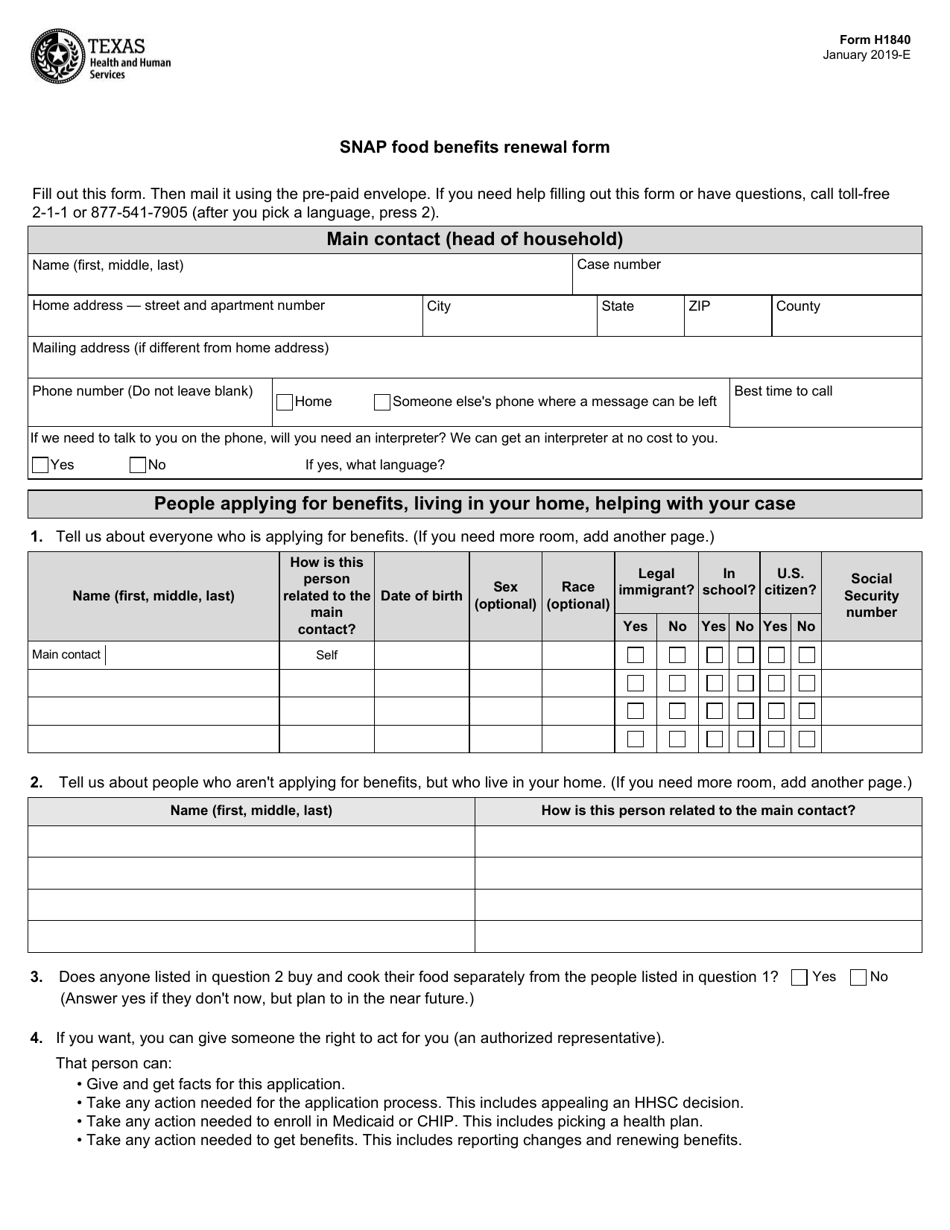 Form H1840 Snap Food Benefits Renewal Form - Texas, Page 1