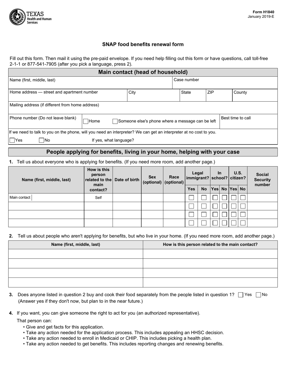 Form H1840 Download Fillable PDF Or Fill Online Snap Food Benefits 