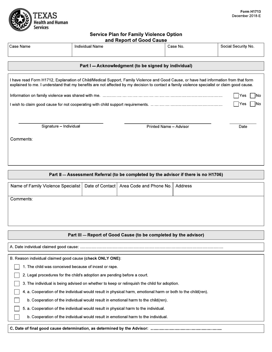 Form H1713 Service Plan for Family Violence Option and Report of Good Cause - Texas, Page 1