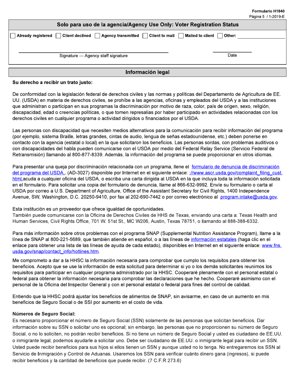Formulario H1840-S Renovacion De Beneficios De Alimentos Del Programa Snap - Texas (Spanish), Page 5