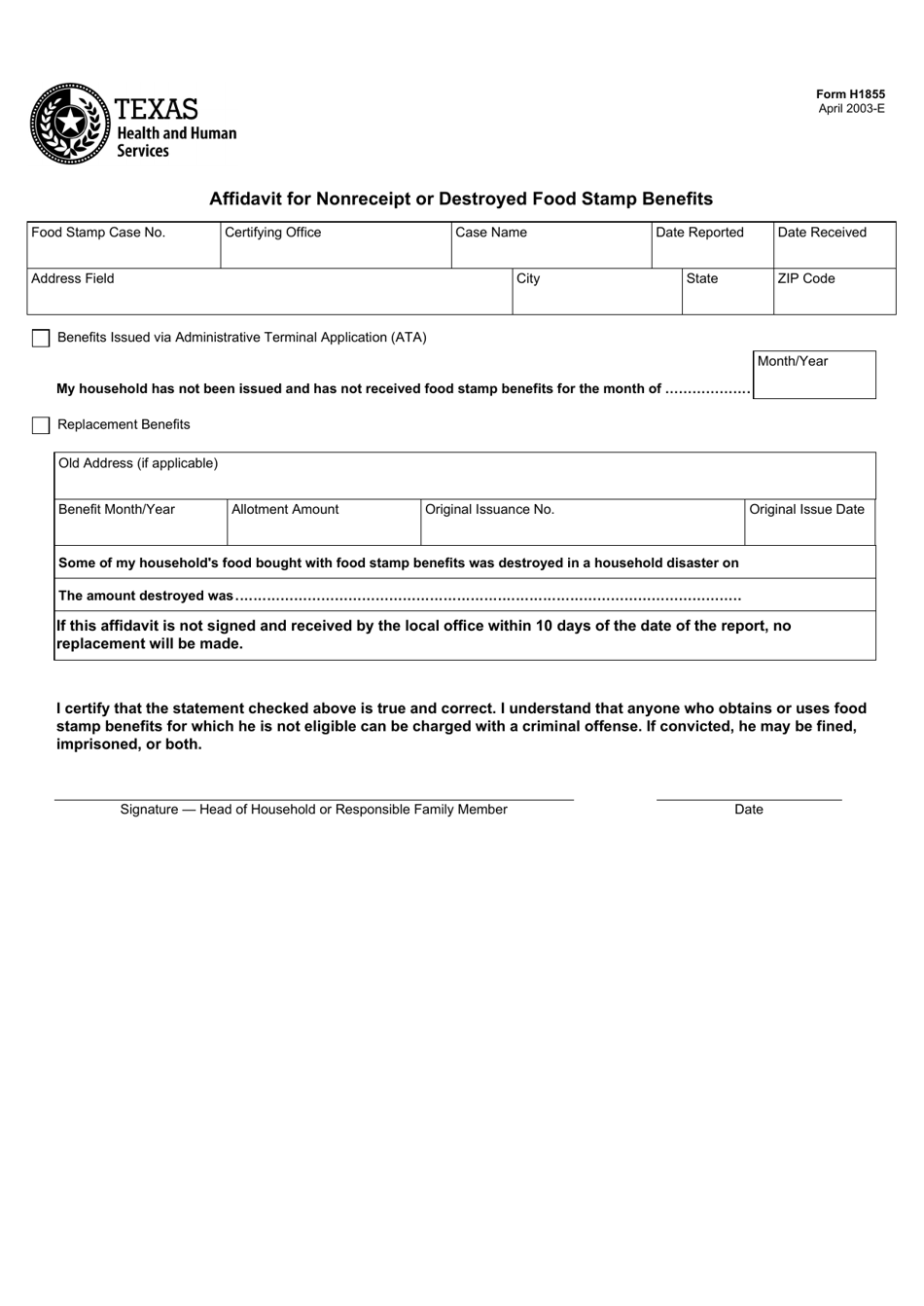 Form H1855 Affidavit for Nonreceipt or Destroyed Food Stamp Benefits - Texas, Page 1