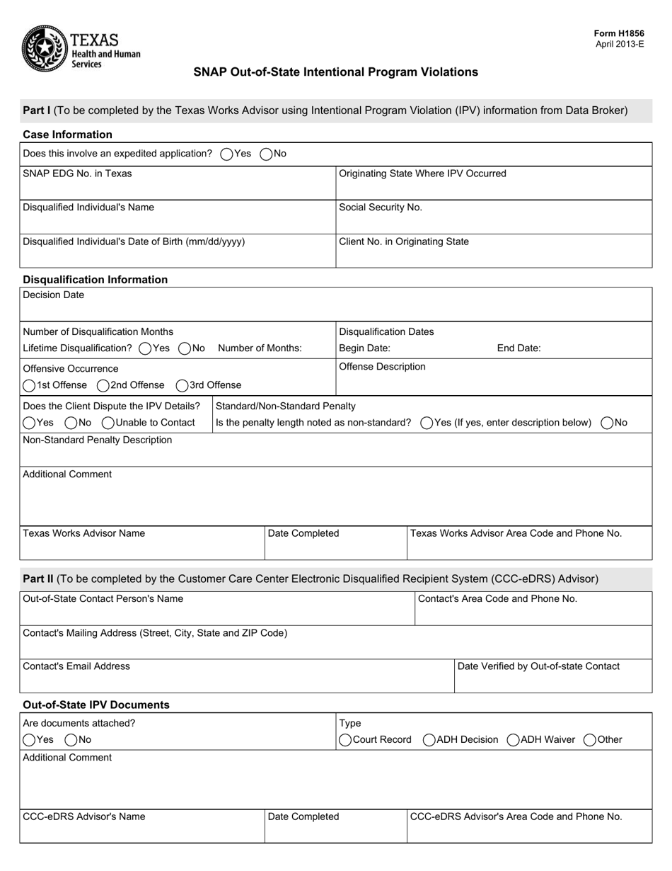 Form H1856 Snap Out-of-State Intentional Program Violations - Texas, Page 1