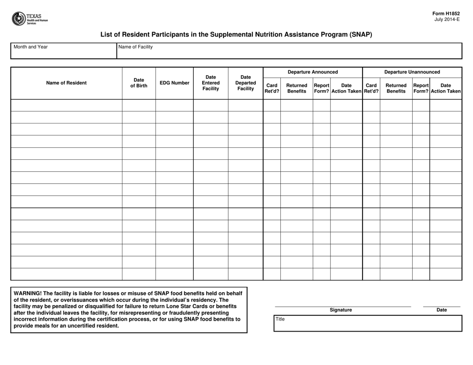 Form H1852 List of Resident Participants in the Supplemental Nutrition Assistance Program (Snap) - Texas, Page 1