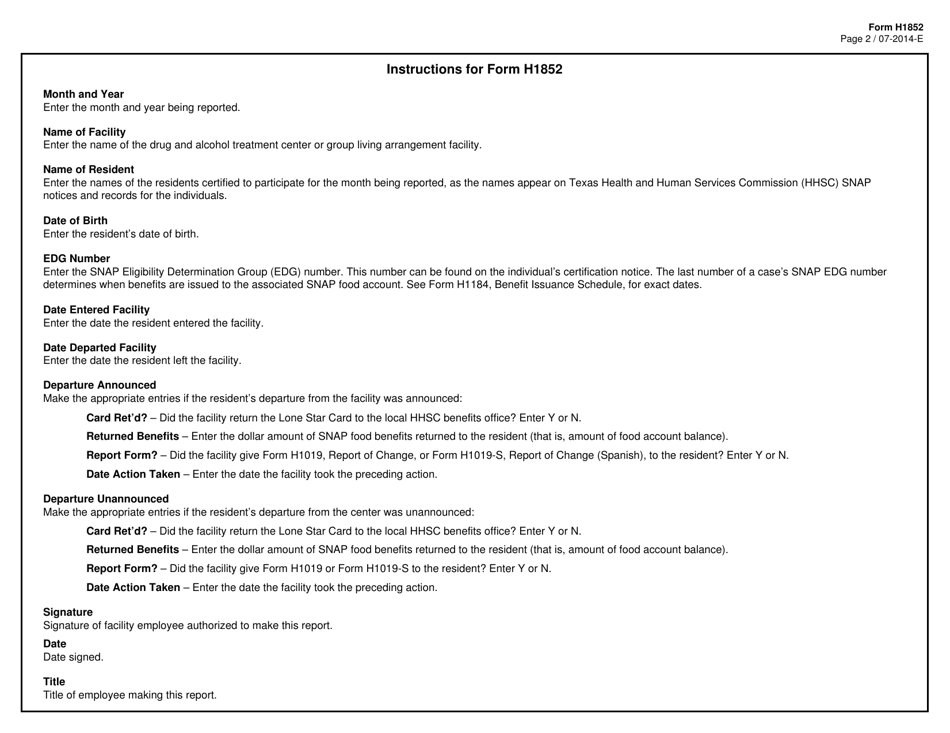 Form H1852 List of Resident Participants in the Supplemental Nutrition Assistance Program (Snap) - Texas, Page 2