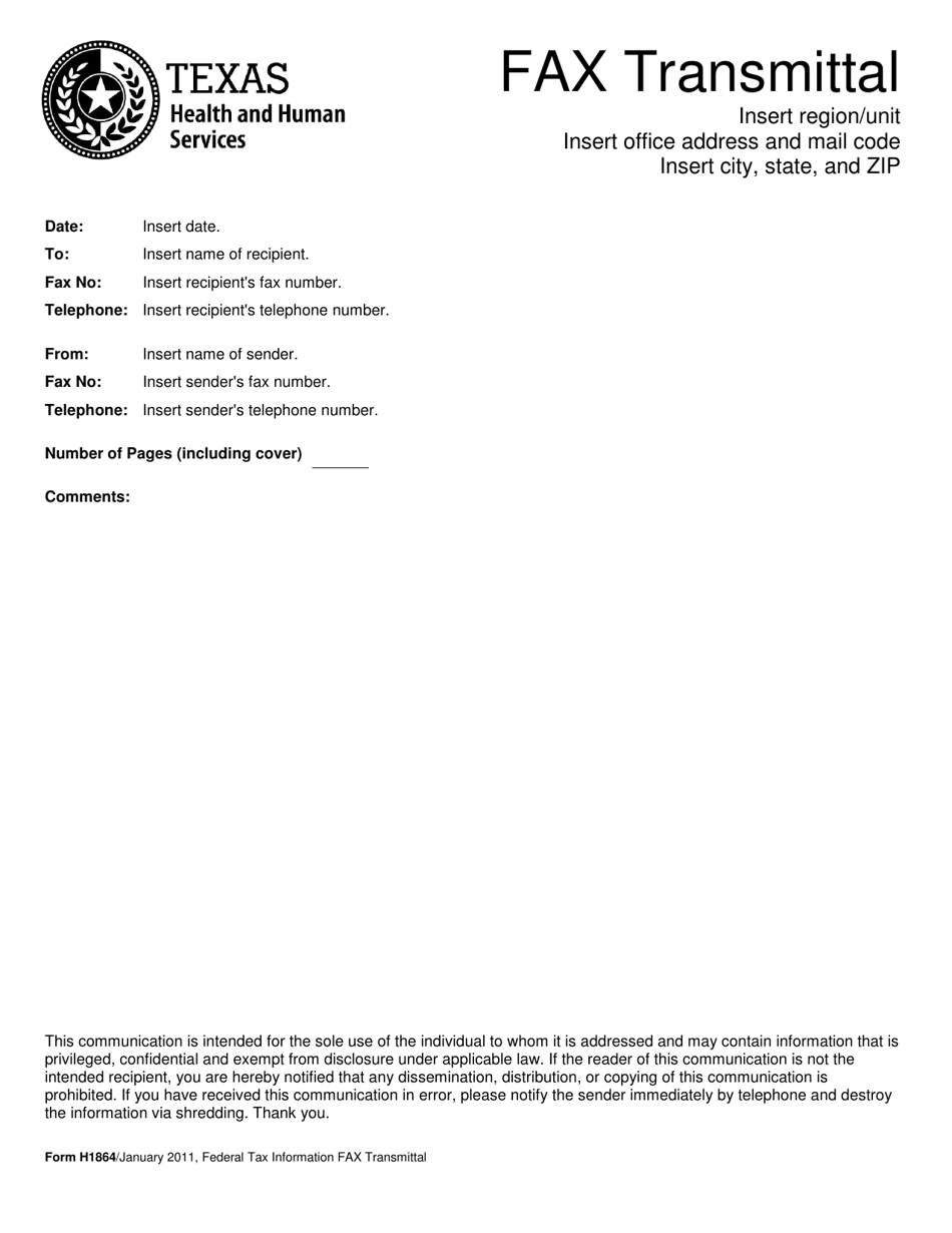 Form H1864 Fax Transmittal - Texas, Page 1