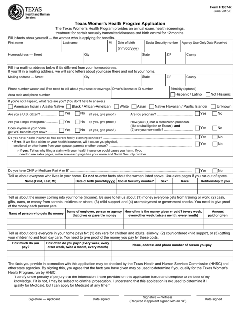 Form H1867-R Texas Women's Health Program Application - Texas