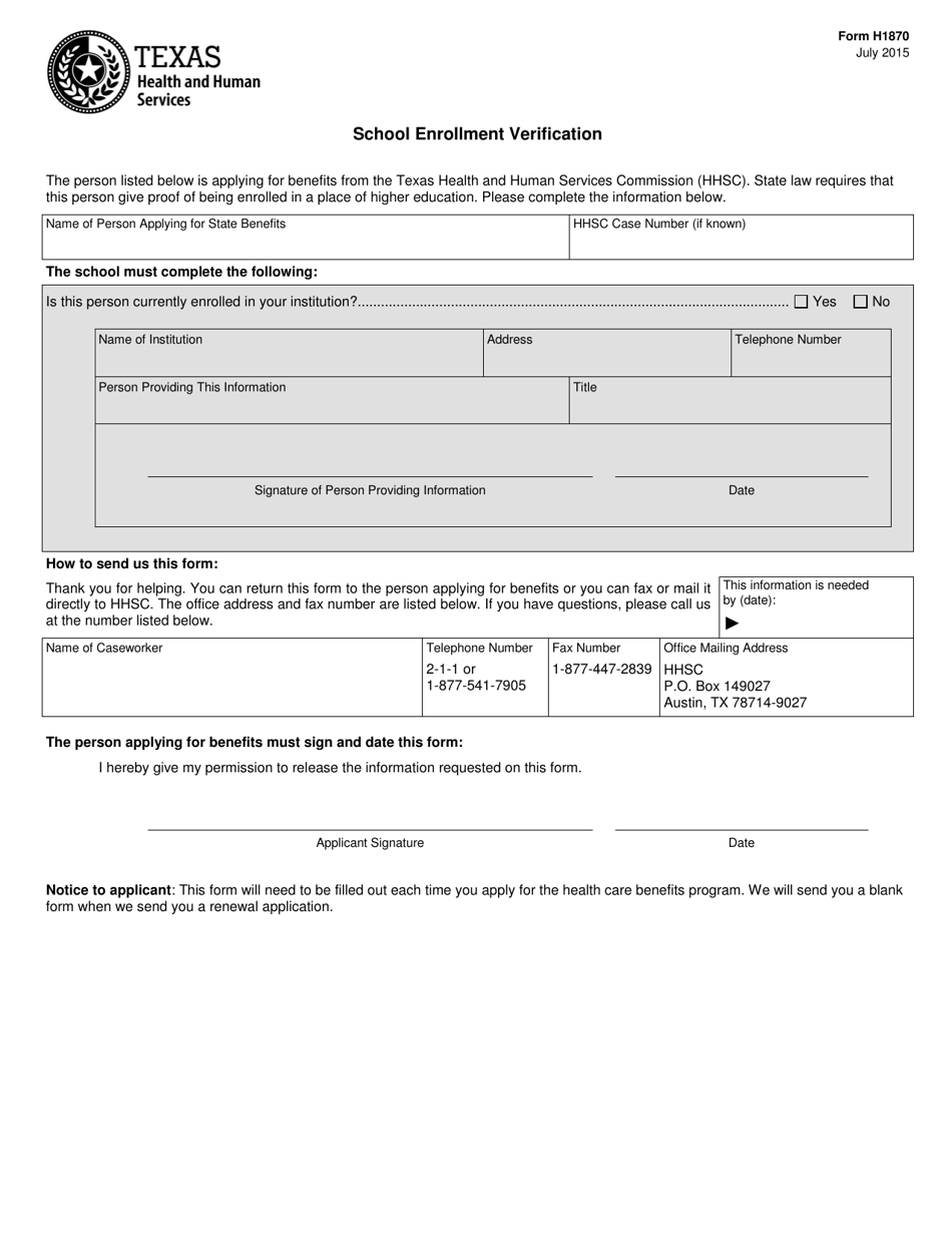 Form H1870 School Enrollment Verification - Texas, Page 1