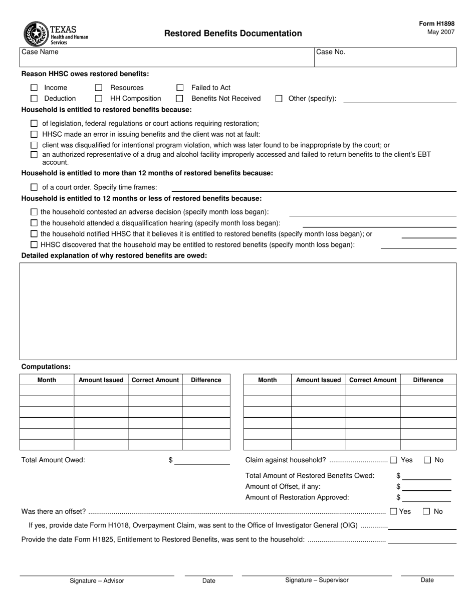 Form H1898 Restored Benefits Documentation - Texas, Page 1