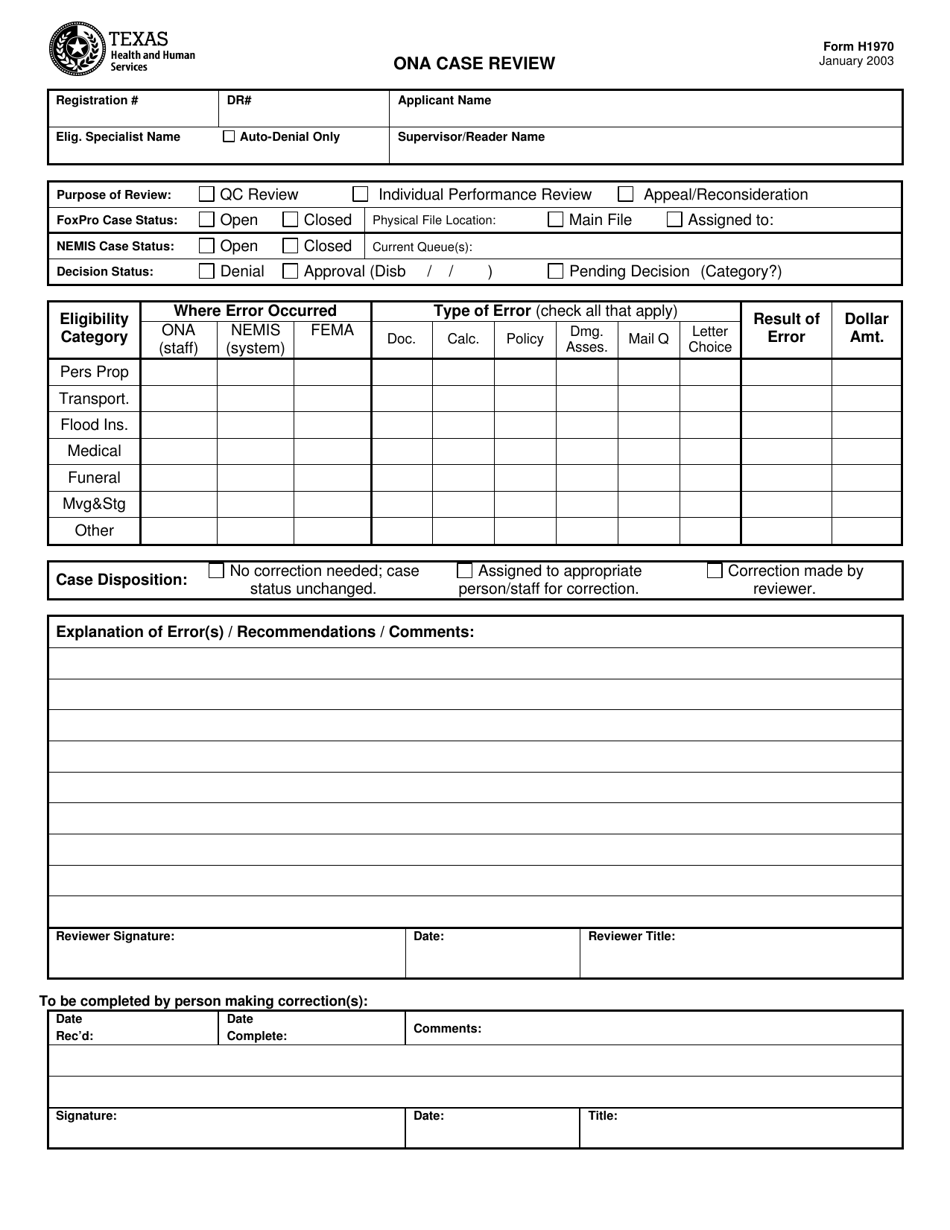 Form H1970 Ona Case Review - Texas, Page 1