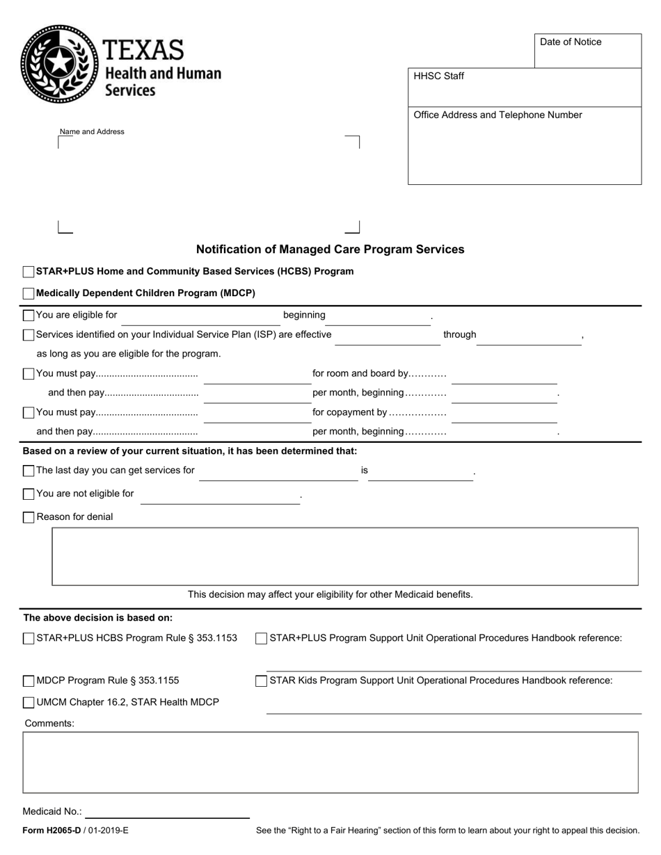 Form H2065-D Notification of Managed Care Program Services - Texas, Page 1