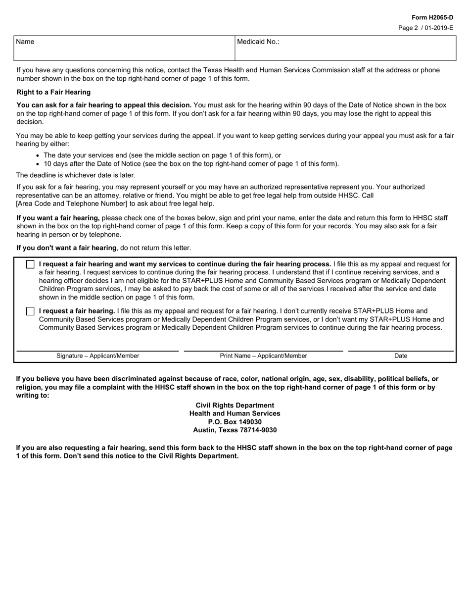 Form H2065-D Notification of Managed Care Program Services - Texas, Page 2