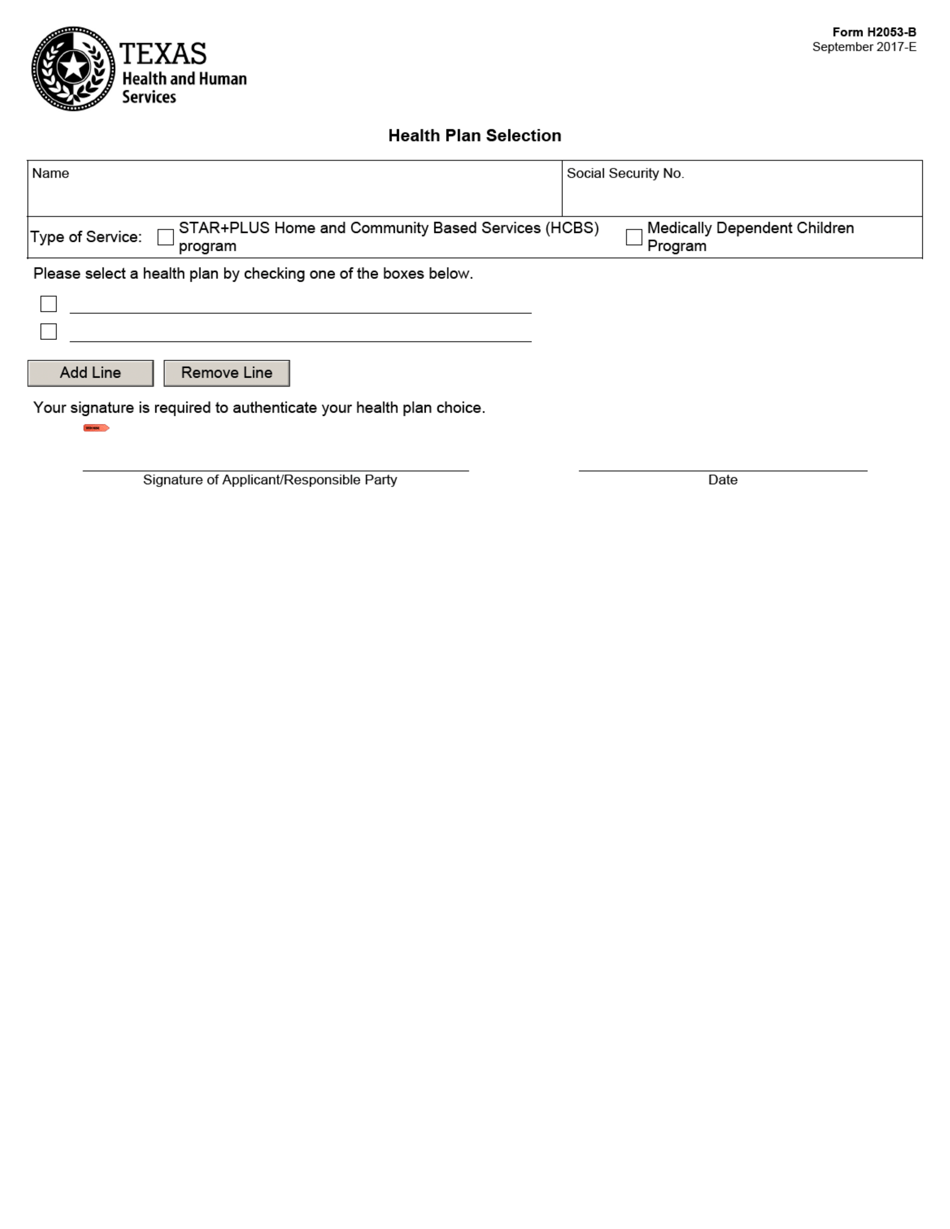 Form H2053-B Health Plan Selection - Texas, Page 1